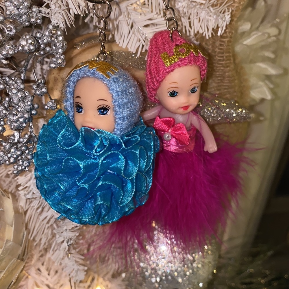 2 baby doll Christmas tree ornaments or keychains pink feather blue ribbon ball‌ - Picture 13 of 16